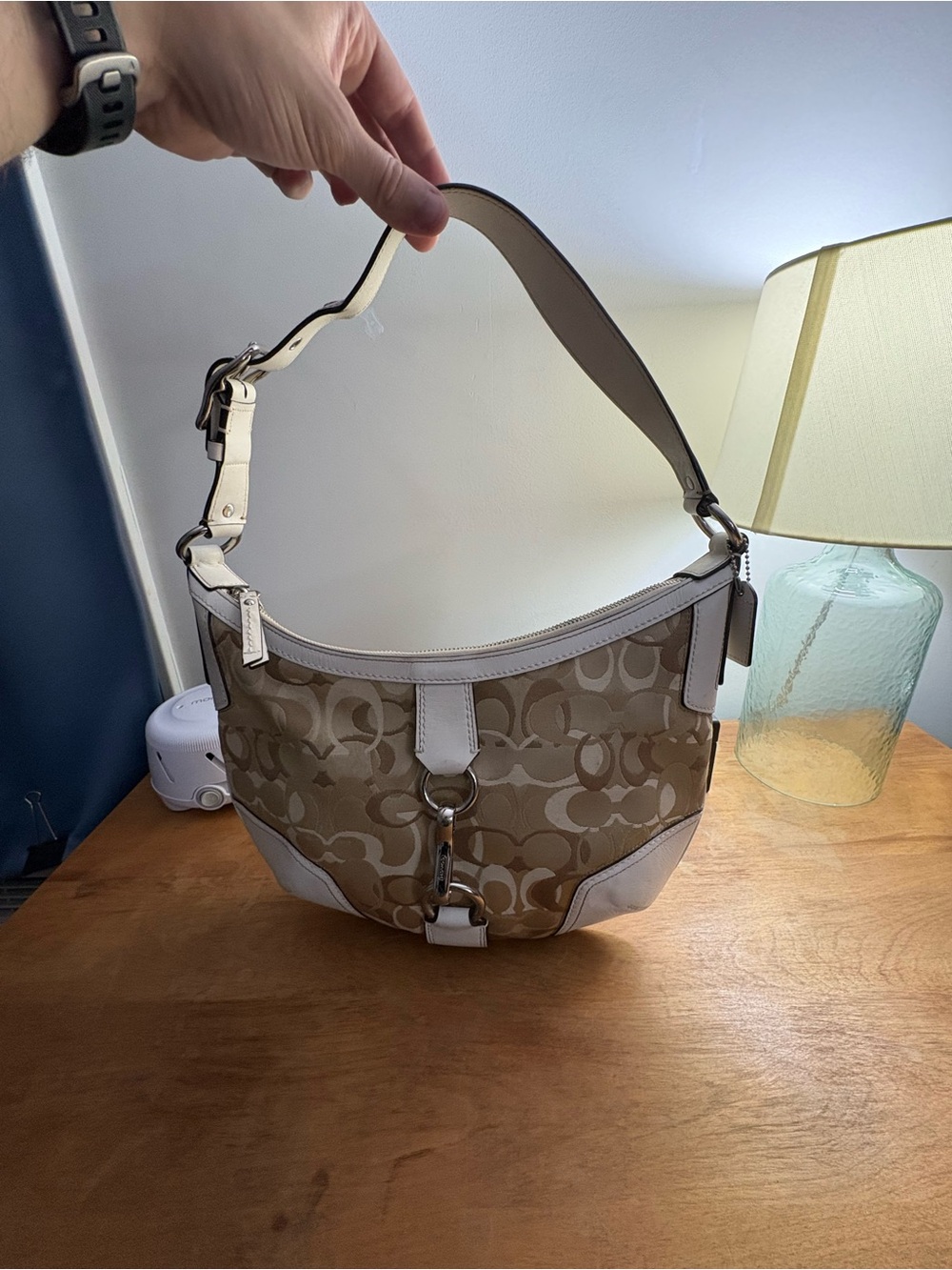 Coach Tan Signature Canvas Hobo with Chalk Trim